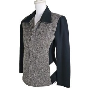 VNTG. LIZSPORT~Woman Sz 8 Petite~ Black/White 100% Wool Zip-Up Blazer Colorblock
